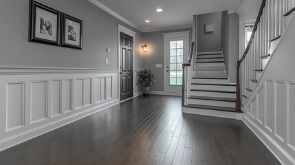 Obraz premium Hallway gallery featuring black and white family photos in matching frames with picture lights