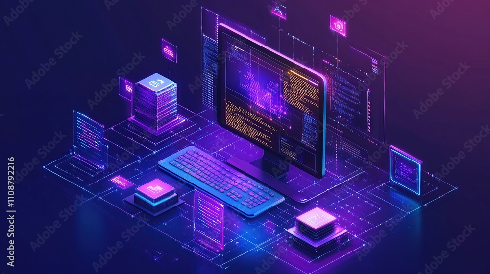 Aufkleber isometric illustration of computer with digital data, code, and server icons.