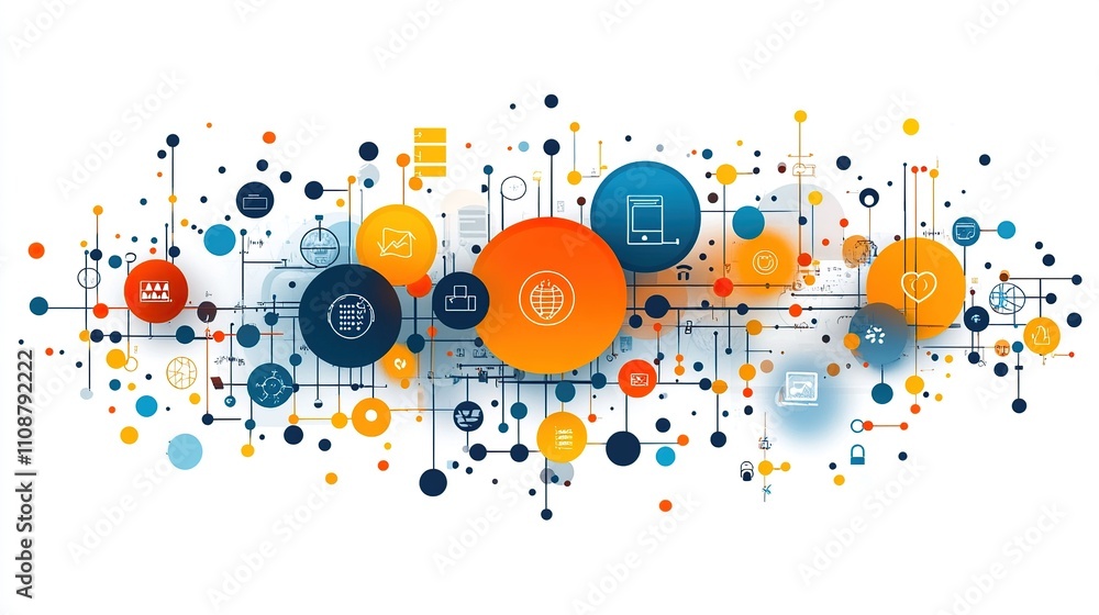 Poster abstract network graphic with interconnected circles and icons representing data, technology, and co