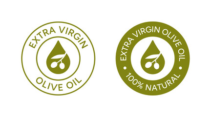 Extra virgin olive oil logo. Emblem of olive oil drop with olive branch