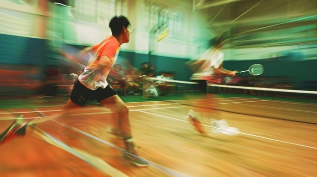 High-energy badminton match dynamic motion blur