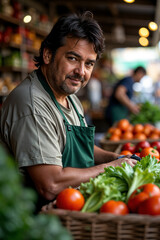 Fototapeta premium Man wearing a green apron and standing behind a table filled with fresh produce, likely a farmer or market vendor.