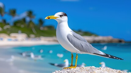 Tropical Beach Seagull  Bird on White Sand  Ocean View  Summer Vacation
