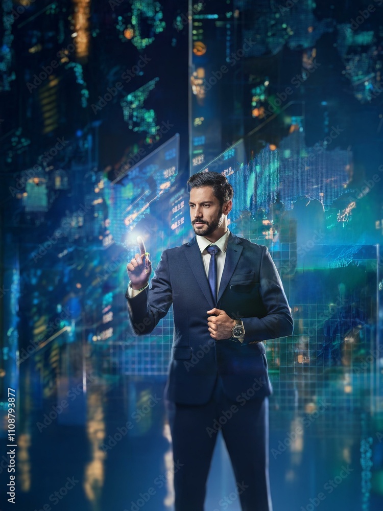 Poster a businessman in a suit interacts with a digital interface of data and graphs.