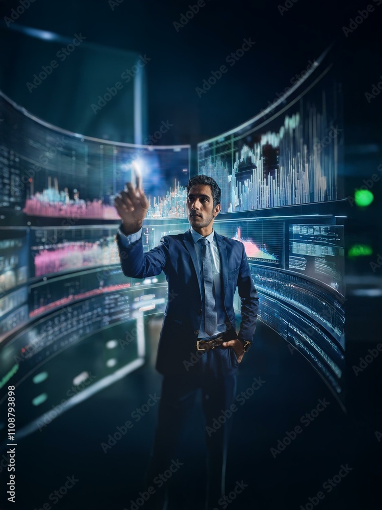 Poster a man in a suit, standing in front of a wall of curved screens displaying data and charts.
