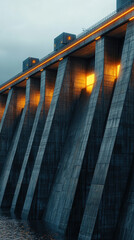 Obraz premium hydroelectric dam with glowing IoT sensors, showcasing modern engineering and technology. structure features unique design with illuminated elements, reflecting innovation