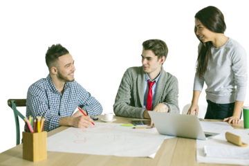 Three young people collaborating at a table, discussing ideas. White background, casual attire, teamwork, and creativity concept