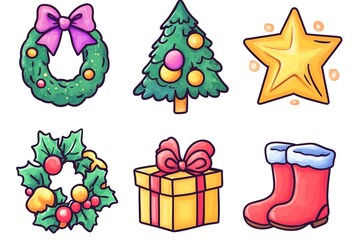 Fototapeta premium Doodles Christmas elements. Color vector items. Illustration with new year decor. Design for prints and cards. 