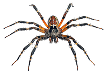 Detailed view of a brightly colored spider with unique markings on a white background