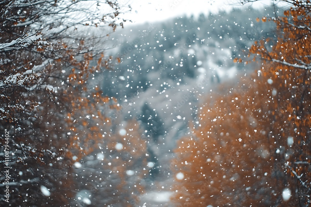 Aufkleber a serene winter scene with falling snowflakes amidst trees displaying autumn colors, creating a beau