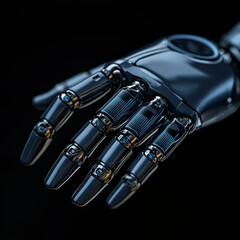 Close up of robotic hand showcasing intricate mechanical details and advanced technology, highlighting its precision and design