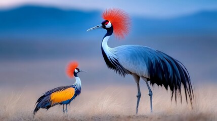 Naklejka premium Elegant crowned cranes in a serene landscape showcasing their vibrant plumage during golden hour