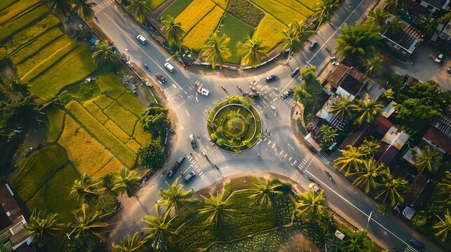Aerial View of a Roundabout Intersection Surrounded by Palm Trees and Rice Fields