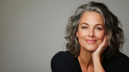 Obraz premium A confident mature woman with radiant, youthful skin, gently touching her cheek as she smiles softly. The neutral background enhances her graceful features and highlights her beaut