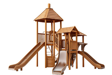 Wooden playground structure with slides and climbing features designed for children's outdoor play in residential areas
