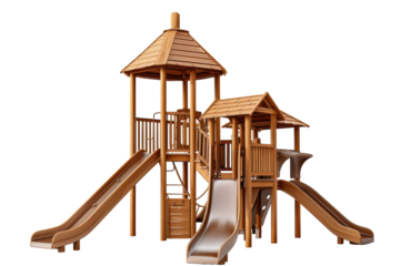 Wooden playground structure with slides and climbing features designed for children's outdoor play in residential areas
