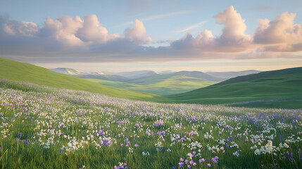 Fototapeta premium Serene sunset over rolling green hills and vibrant wildflowers.