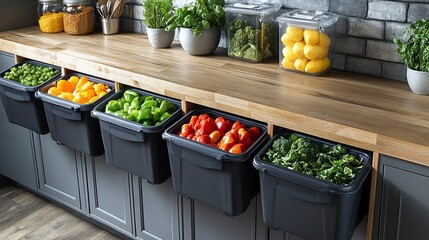 Kitchen recycling station with sorting bins, bag storage, and waste management system