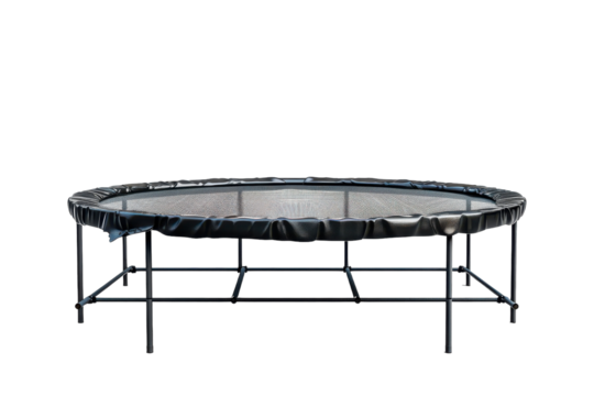 Trampoline for outdoor recreation in a backyard setting with safety net and black padding