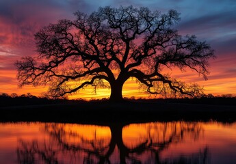Naklejka premium Majestic Silhouette of an Ancient Tree Against a Stunning Sunset over Calm Water with Vibrant Colors Illuminating the Sky and Reflecting on the Surface