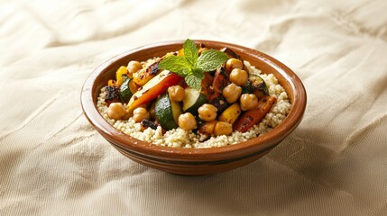 High-Angle View of Moroccan Couscous with Roasted Vegetables