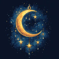 Naklejka premium A crescent moon adorned with stars and hanging jewels, set against a starry night sky.