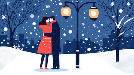 A couple in love shares a warm embrace in a snowy park, surrounded by gently falling snowflakes, eagerly awaiting the joy and magic of the upcoming Christmas holidays.