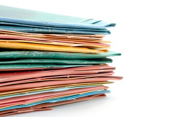 A vibrant stack of colorful, layered paper sheets, showcasing a mix of hues and textures, ideal for creative projects or organizational purposes.