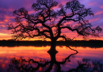 Naklejka premium Majestic Sunset Over Tranquil Lake with Silhouette of Oak Tree Against Vibrant Sky Displaying Rich Hues of Orange, Purple, and Blue Reflected in Calm Waters