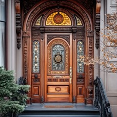 Obraz premium Elegant Victorian-style door with intricate carvings, stained glass windows, dark wood finish,