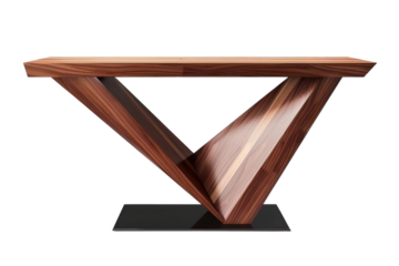 Unique wooden console table with geometric design and elegant finish in modern interior setting