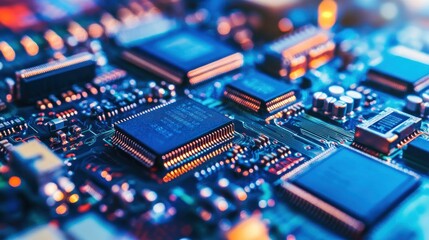 Obraz premium Close-up of a circuit board showcasing microchips and electronic components.