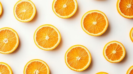 Fototapeta premium A flat lay of orange slices arranged in a pattern on a white background.