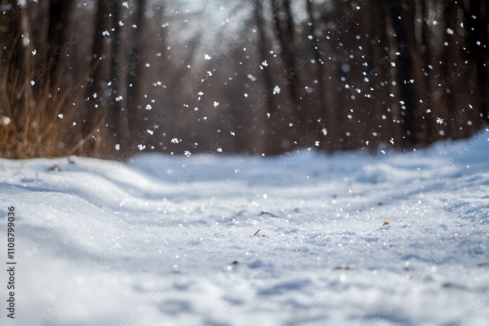 Aufkleber A serene winter scene with softly falling snowflakes over a snow-covered path surrounded by trees.