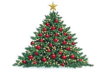 Fototapeta premium Clean studio shot of a gorgeous natural Christmas tree decorated with red and gold baubles and top star, isolated on white 