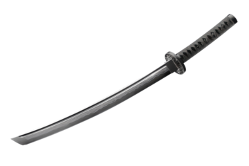 Curved blade sword with intricate detailing on the handle and blade, showcasing artisan craftsmanship and design