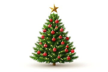 Fototapeta premium Clean studio shot of a gorgeous natural Christmas tree decorated with red and gold baubles and top star, isolated on white 