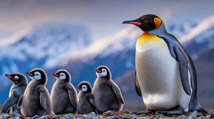 Fototapeta premium King Penguin Family with Chicks in Snowy Mountain Landscape