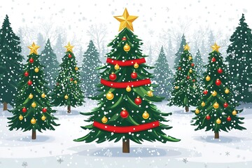 Fototapeta premium Christmas tree with lights in snowy forrest at evening, vector illustration
