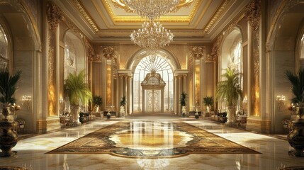 Fototapeta premium Luxury hotel in a historical palace, grand halls, rich tapestries, chandeliers, opulent decor,