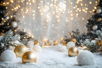 Christmas Holiday background with snow, fir tree and decorations with christmas light behind. Christmas white and golden balls on a winter festive background.