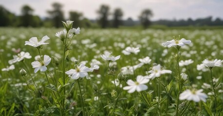 White campion flowers blooming in Norfolk field, silene alba, bloom, rural, England, white campion