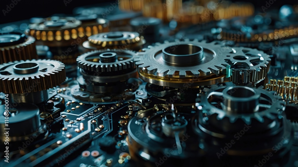 Poster interconnected gears and circuitry symbolizing synergy between technology and business processes hd