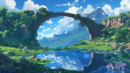 Fototapeta premium A serene landscape with a bridge over a reflective lake, surrounded by lush green forests and snow-capped mountains under a bright blue sky
