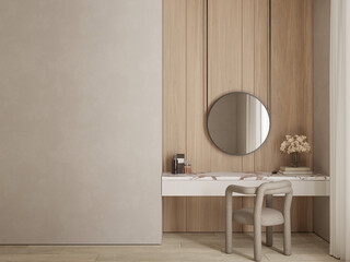 Minimalist make up vanity design with table , chair , mirror and decor , empty wall space background mock up , 3d rendering