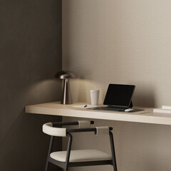Japandi home office close up design with desk , chair , tablet and decor , 3d rendering