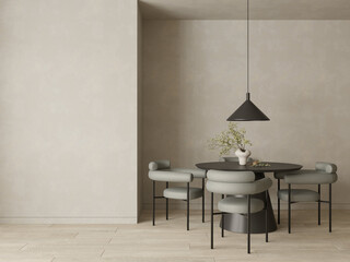 Modern minimalist dining room interior with table , chairs and decor , empty wall space background mock up , 3d rendering