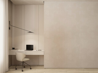 Modern minimalist home office interior design with desk , chair and laptop , empty wall space background mock up , 3d rendering