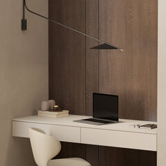 Modern home office close up design with desk , chair and laptop , wooden panels , 3d rendering