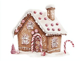 Festive Watercolor Gingerbread House Illustration with Icing, Candy Canes, and Gumdrops on Isolated White Background, Ultra-Detailed Christmas Treat Artwork